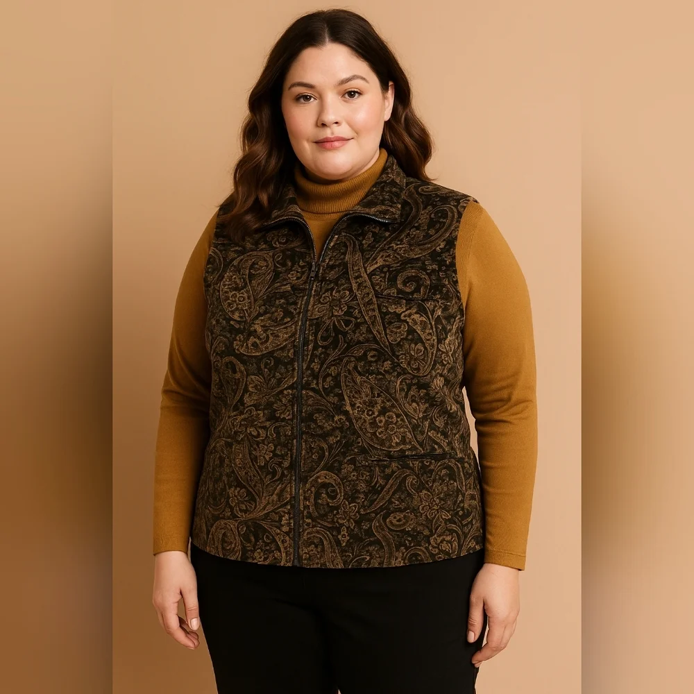 Koret Velvet Paisley Vest L  Zip Front Neutral Brown Black Plazacore Boho